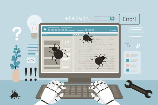 Robotic arms on keyboard. Artificial intelligence fixes bugs, errors and checks code. Automated software testing, quality control concept. AI in quality assurance,