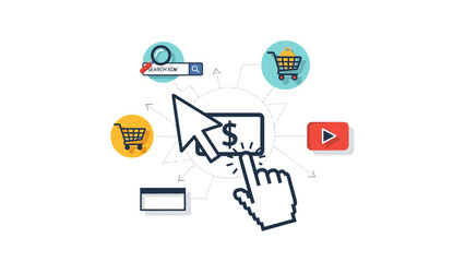 A hand cursor clicks on a dollar sign icon surrounded by e-commerce and social media symbols in a flat graphic design with a clean white background.