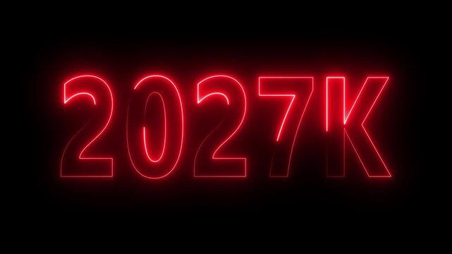 Glowing Red 2027 K Neon Sign on Black Background for Future Projections and Digital 2027K futuristic year, numeric 