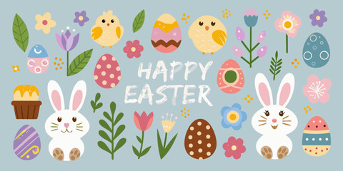 A cheerful easter illustration with chicks bunnies eggs and spring flowers © Bivuti