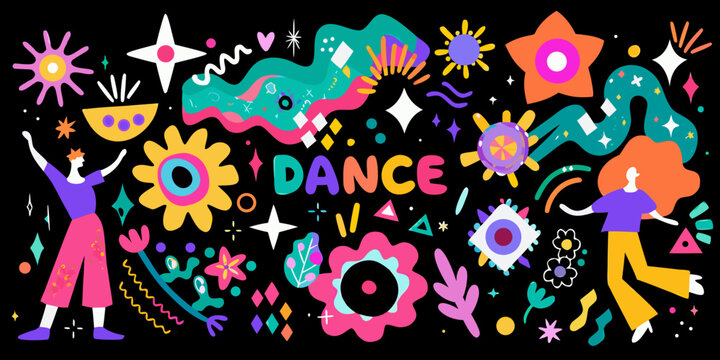 Colorful abstract illustration featuring dancing figures and sparkling celestial elements