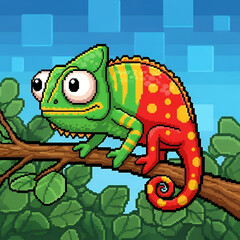 Colorful Cartoon Chameleon on Branch.