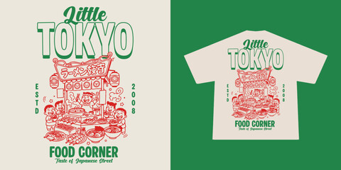 Cute Japanese street food stall illustration featuring a traditional yatai booth with kawaii cartoon characters. Clean line art style with retro and minimal look, perfect for t-shirt prints © Therintproject