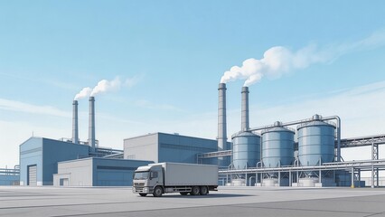 Industrial factory with truck and smokestacks