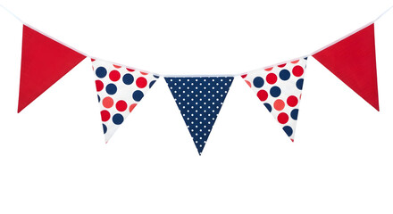 Obraz premium Red, white, and blue polka dot bunting flags on a string for decoration isolated on transparent background
