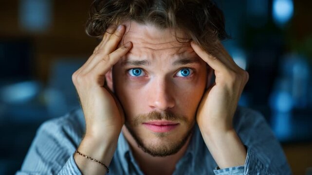 A man with blue eyes expresses deep frustration and stress, captured in two contrasting frames showcasing his emotional turmoil and reflection.