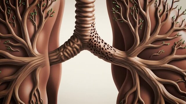 Anatomy illustration of lungs, rendered with tree-like branches, with a brownish color