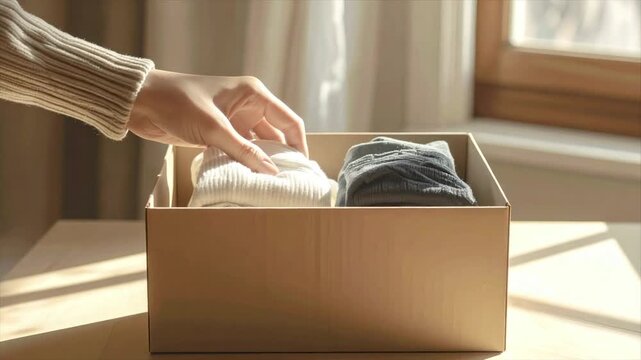 A hand reaching into a box containing folded clothing items, likely socks or sweaters, near a window