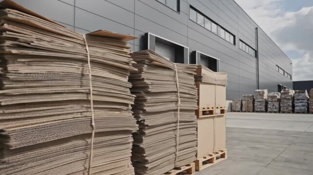 Stacks of flattened cardboard boxes on pallets outside a warehouse. Logistics and recycling management at an industrial facility. Supply chain concept