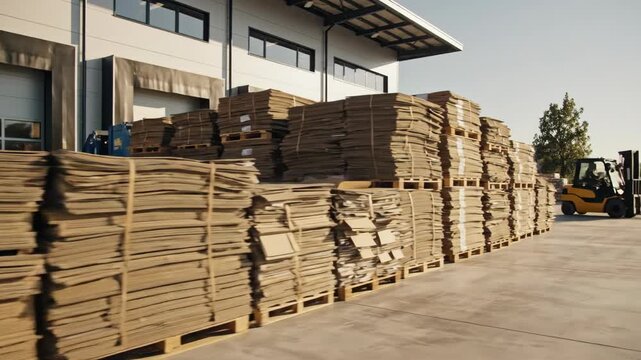 Tracking shot of cardboard stacks on pallets at an industrial warehouse. Logistics and waste management with a forklift in the background. Distribution center operations