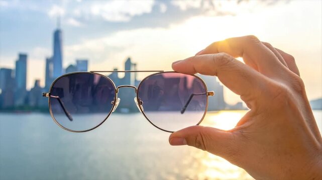 Hand holding sunglasses, city skyline background, golden light filters through them