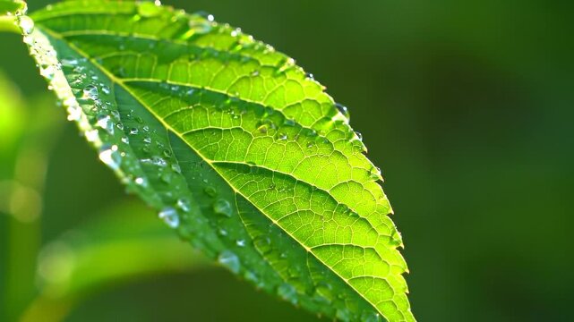 Close-up of green leaf with dew drops.