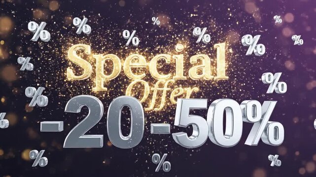 Special offer 20 to 50 percent discount 3D animation. Silver percentage symbols and gold text on purple background. Retail sale and marketing promotion concept
