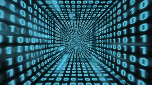 Futuristic digital tunnel of blue binary code streaming rapidly towards the viewer in a seamless loop