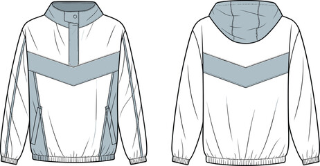 Sport hooded windbreaker jacket technical flat sketch, fashion CAD drawing, front and back view, color block outerwear apparel template vector illustration isolated © Candek