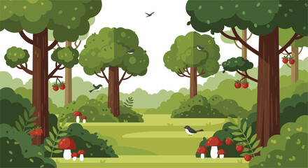 Professional flat vector illustration of a lush forest glade featuring deciduous trees, wild red berries, mushrooms, and small birds for nature storytelling © MDShakhawat