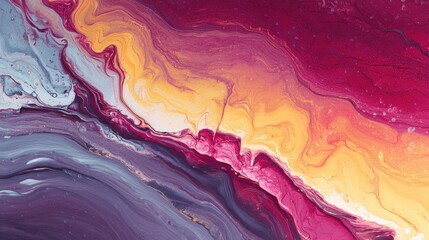 Fototapeta premium Abstract flowing layers of pink, gold, grey, and purple form organic patterns in a textured wash