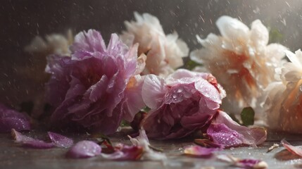 Close-up of peonies, petals wet with droplets, some fallen, arranged on a rustic surface, soft light illuminates the scene, creating a dreamy feel