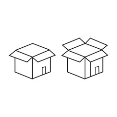 Open and Closed Cardboard Box Icon Outline Isolated on White Background