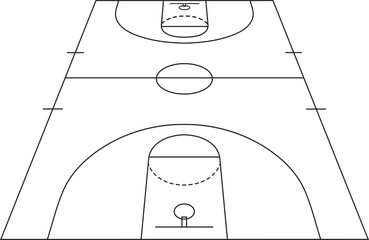 Basketball Court Perspective Outline - Minimalist Black and White Hoops Pitch Diagram for Sports Strategy Playbook and Game Tactics Vector Illustration