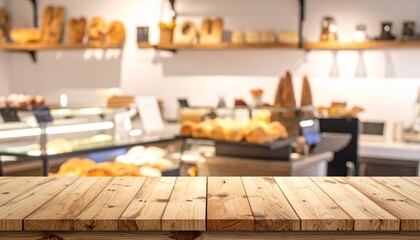 A warm, inviting bakery scene with blurred shelves and glowing lights behind a wooden tabletop.