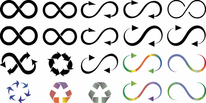 Collection of infinity symbols and recycling icons in various colors