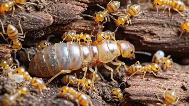 Macro view of a termite colony with a large queen and workers on rotting wood. Insects crawling and infesting timber. Pest control and nature concept