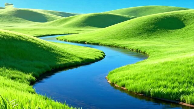 Lush green hills with winding river