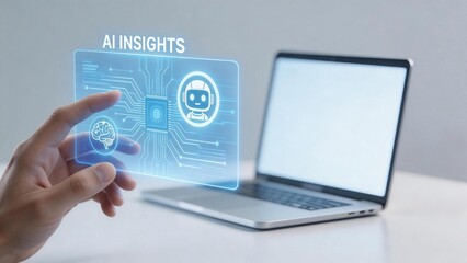 Fototapeta premium Hand holding AI insights hologram near laptop