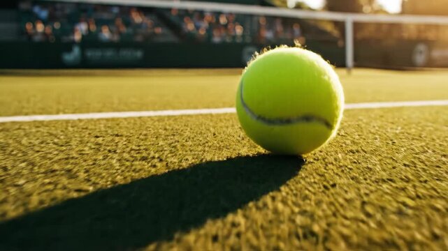 Tennis ball on court line during golden hour sunlight.