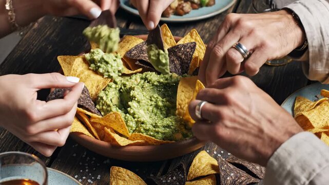 Close-up of friends sharing nachos and dipping chips into fresh guacamole. Group of people eating a Mexican snack at a wooden table. Social gathering and food concept
