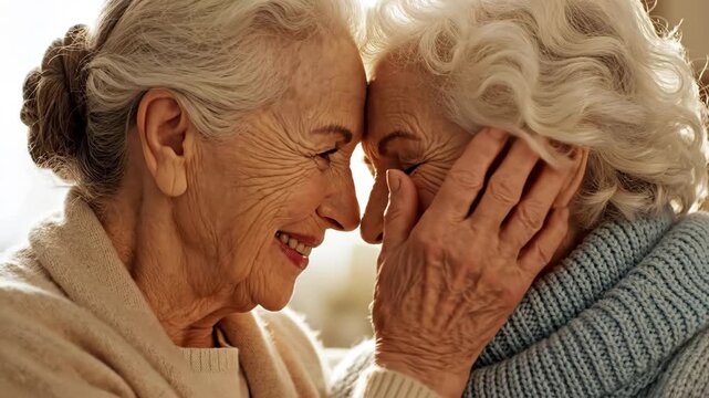 Happy elderly women touching foreheads and smiling. Senior female friendship and affection portrait