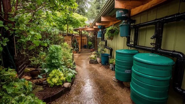 Medium view of a backyard installation with interconnected gutters and barrels illustrating a comprehensive rainwater collection system for household use.