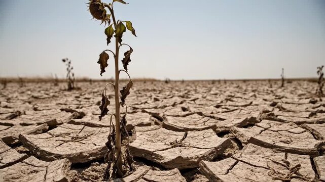 Withered sunflower in a field of cracked earth. Tilt up shot of a dying flower during extreme drought. Water scarcity and climate change concept
