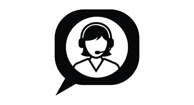 Simple black and white icon representing a female customer service agent inside a speech bubble graphic