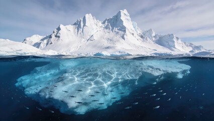Majestic iceberg landscape with underwater view,polar mountain and floating ice in clear ocean water highlighting climate change and Arctic environment concept