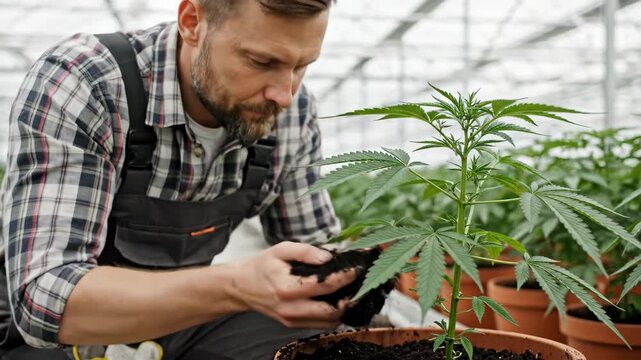 Cannabis farmer inspecting soil quality in a greenhouse. Male worker smelling earth in a pot with a young hemp plant. Medical marijuana cultivation