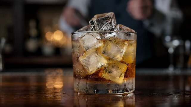 Closeup on the mixing glass with ice and spirits frosted and condensation detailed as the bartender pours in the background out of focus.