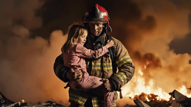 Firefighter rescuing a young girl from a fire. Brave first responder carrying a child to safety amidst flames and smoke. Disaster rescue concept