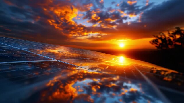 Captivating Sunset Reflections on Solar Panels with Vibrant Skies and Clouds during the Golden Hour, Showcasing Renewable Energy and Natural Beauty