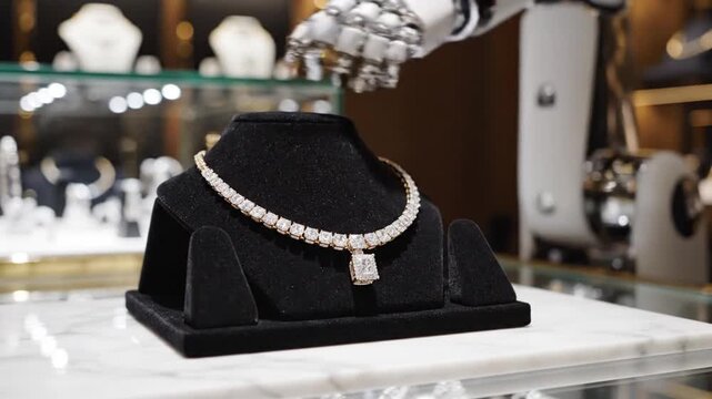 A robotic arm delicately presents a diamond necklace on a display stand in a jewelry store