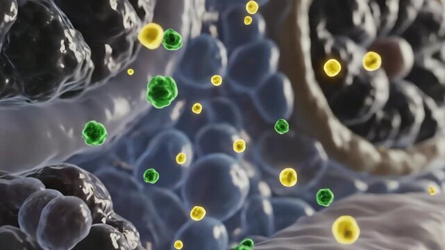 Antioxidants inside the cell attempting to neutralize reactive oxygen species. Glowing antioxidant particles bind to bright oxidative sparks, dimming them gradually