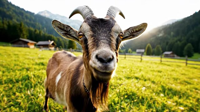 Funny goat licking its nose in an alpine pasture at sunset. Close-up of a farm animal with mountains in the background