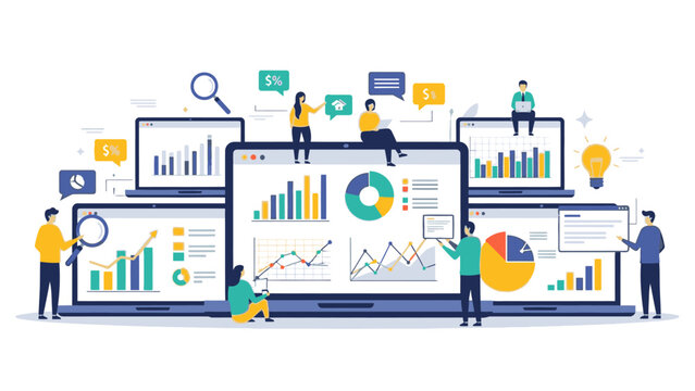 Flat illustration of business people analyzing data on multiple computer screens with graphs and charts in a colorful office setting.