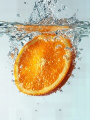 Slice of orange is floating in a glass of water