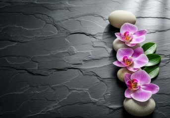 Three pink orchids on stacked stones on dark slate or rock surface for spa and wellness concepts