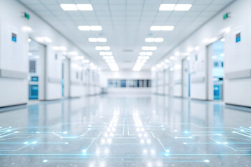 An empty hospital corridor featuring modern architecture with light reflecting off the polished floor of the clinical building hall and digital lights