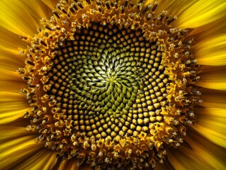 The center of a sunflower is shown in detail