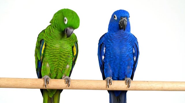 Two colorful parrots, one green and one blue, perch on a wooden rod against a white background