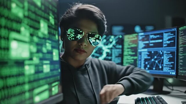 Young female hacker with sunglasses typing code on multiple screens in a dark room. Cyber security and programming concept